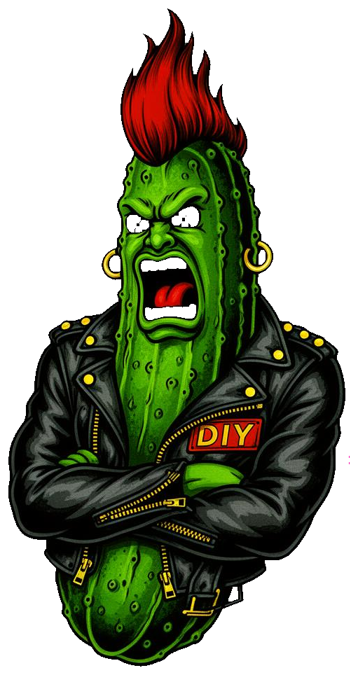 Pickle Punks screaming green pickle mascot with red mohawk and DIY leather jacket